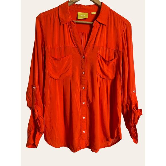 Anthropologie Maeve Clara Blood Orange Button Down Roll Long Sleeve Top Size S - Picture 4 of 9